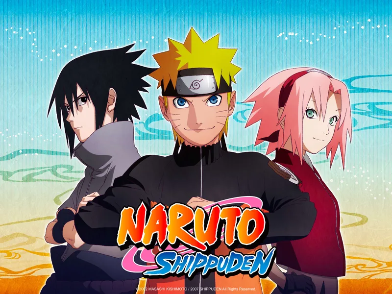 An image featuring the three main characters from the anime series Naruto Shippuden. From left to right, the characters are Sasuke Uchiha, Naruto Uzumaki, and Sakura Haruno, standing together against a blue background with water-like patterns. The title "NARUTO SHIPPUDEN" is prominently displayed in large, stylized orange and blue text at the bottom center of the image.