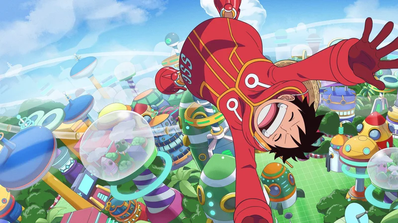 Monkey D. Luffy from One Piece in a red and white outfit, smiling and falling headfirst into a vibrant, futuristic, cartoon-style city with floating buildings and lush greenery.