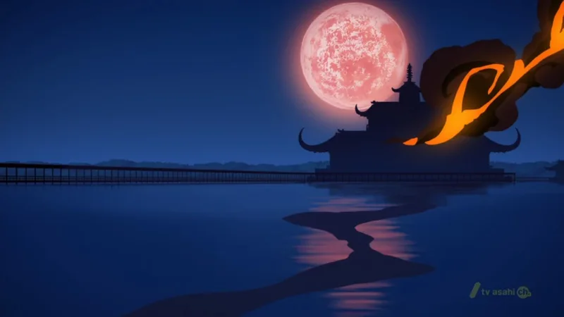 A traditional East Asian building at night under a large red moon, with fire or energy billowing from the right side, reflected in the water.