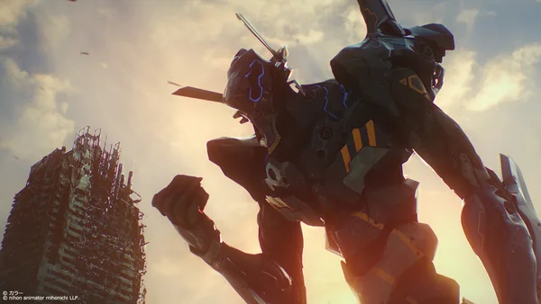 This image shows a scene from Evangelion: Another Impact, a 3D CG anime short film released as part of the Japan Animator Expo in 2015.