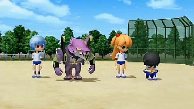 The image shows characters from Petit Eva: Evangelion@School (also known as Puchi Eva), a 3D-animated parody of the Neon Genesis Evangelion franchise.