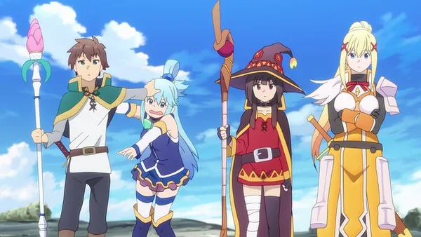 This image features the main cast of the anime series KonoSuba: God's Blessing on This Wonderful World!