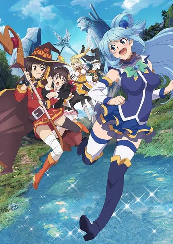 A promotional poster for the anime film KonoSuba: God's Blessing on This Wonderful World! Legend of Crimson. In the foreground, the water goddess Aqua runs excitedly toward the viewer with her long blue hair flowing behind her. To the left, the Archwizard Megumin stands with her signature staff and wizard hat, holding a panicked Yunyun under her arm. In the background, the crusader Darkness stands ready for battle, while the protagonist Kazuma is seen hilariously flailing as he falls through the air. The scene is set against a bright, scenic landscape of a sparkling blue river and lush green mountains under a clear sky.