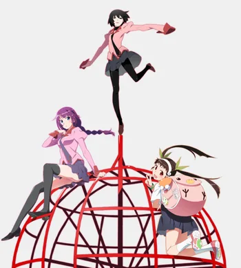 The image features three female characters from the anime Owarimonogatari, part of the larger Monogatari series. The characters are posed on and around a red, spherical jungle gym structure: Ougi Oshino: At the top, balancing on one leg with her arms outstretched. Hitagi Senjougahara: Seated on the left side of the structure, wearing her school uniform with her signature long purple hair. Mayoi Hachikuji: On the right, wearing her school uniform and carrying her large pink snail-themed backpack.