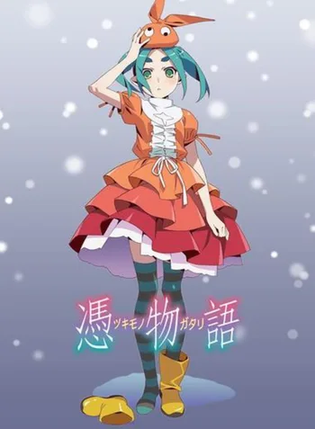 A key visual poster for the anime Tsukimonogatari featuring the character Yotsugi Ononoki. She has turquoise hair, large green eyes, and is wearing a tiered orange and red dress with striped stockings and yellow boots. She is adjusting an orange hat with bunny-like ears on her head against a purple snowy background with the series title in Japanese text.