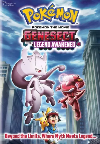 The movie poster for Pokémon the Movie: Genesect and the Legend Awakened. The image features the Legendary Pokémon Mewtwo (in its Mega Mewtwo Y form) on the left and a red Genesect on the right, flying above a city skyline. In the lower center, the characters Ash Ketchum and Pikachu are visible. The title of the movie is prominently displayed at the top center with the text "Pokémon the Movie: Genesect and the Legend Awakened". The tagline "Beyond the Limits, Where Myth Meets Legend..." is at the bottom. 