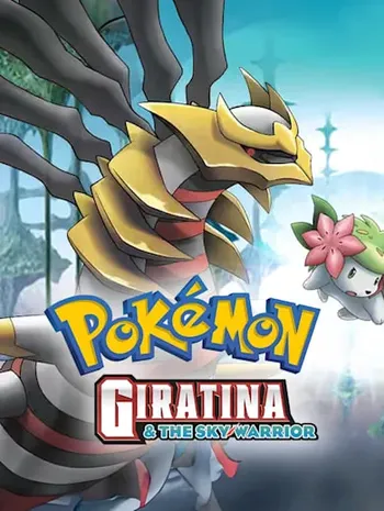 movie poster for Pokémon: Giratina & the Sky Warrior. The image displays the two main Pokémon featured in the film. Giratina: A large, grey, ghost-dragon Pokémon with gold accents and red stripes, shown prominently in its Origin Forme. Shaymin: A small, white, hedgehog-like Pokémon with a pink flower on its back, shown in its Land Forme. The title of the movie, "Pokémon: Giratina & The Sky Warrior," is displayed in large text at the bottom of the poster. 