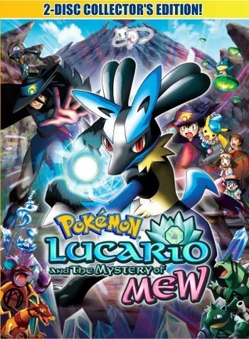 Description: The DVD cover for the 2-disc collector's edition of the movie Pokémon: Lucario and the Mystery of Mew. Visual Details: The image features the Pokémon Lucario prominently in the center, glowing with a blue aura sphere. Human characters, including Ash Ketchum, are visible to the right, dressed in themed attire. Other Pokémon like Pikachu, Mew, Bonsly, and a green armored Pokémon (likely Regice or similar) are also present. The background shows a large mountain and crystalline structures. Text: The title "Pokémon Lucario And The Mystery Of Mew" is displayed in large text at the bottom, with "2-DISC COLLECTOR'S EDITION!" at the top. Context: The film is the eighth in the Pokémon series, focusing on the legend of an Aura Guardian named Sir Aaron and the mystery surrounding the mythical Pokémon Mew.