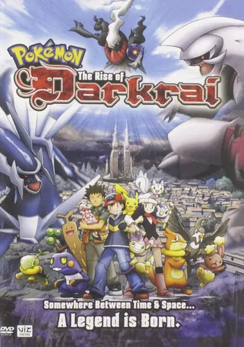 A DVD cover for the animated film Pokémon: The Rise of Darkrai. The image features several characters from the film in a town setting, with large, legendary Pokémon Palkia and Dialga on the right and left sides, respectively, appearing to battle. The dark-colored Pokémon Darkrai is positioned near the top center. In the foreground, the main human characters, including Ash Ketchum, Dawn, and Brock, are visible with their various Pokémon companions. Text on the cover includes the title "POKÉMON The Rise of Darkrai" and the tagline "Somewhere Between Time & Space... A Legend is Born.". 