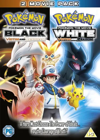 A DVD cover for a 2-movie pack featuring "Pokémon the Movie: Black - Victini and Reshiram" and "Pokémon the Movie: White - Victini and Zekrom", showing Ash Ketchum, Pikachu, Victini, Reshiram, and Zekrom, with the tagline "A Hero Must Choose: The Power of Ideals or the Courage of Truth?". 