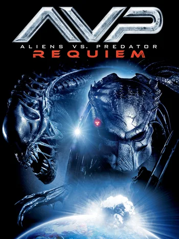 movie poster for the film "Aliens vs. Predator: Requiem". The image depicts the two iconic extraterrestrial creatures from the franchise. On the left, an Alien (Xenomorph) is shown with its menacing jaws and dark, skeletal appearance. On the right, a Predator is featured with its distinctive mask and dreadlocks, its red targeting laser visible. The two are positioned in a battle-ready stance, with the Earth visible at the bottom of the poster. The title "AVP: ALIENS VS. PREDATOR REQUIEM" is prominently displayed at the top. 
