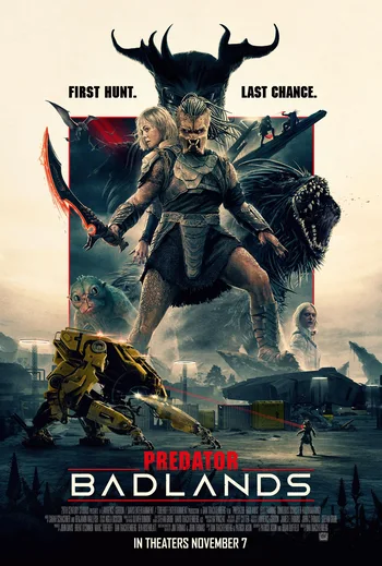 This image is a promotional movie poster for the science fiction action film Predator: Badlands. 