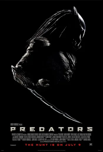 Movie poster for the 2010 film Predators, showing a dark, silhouetted image of a Predator alien's head and shoulder, with its wrist blade extended.