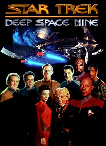 A promotional poster for the television series Star Trek: Deep Space Nine, featuring the title logo at the top. The image displays the main cast of characters in the foreground, with the Deep Space 9 station and a wormhole visible in the background. The cast includes Commander Benjamin Sisko, Major Kira Nerys, Odo, Dr. Julian Bashir, Jadzia Dax, Quark, Miles O'Brien, and Jake Sisko.