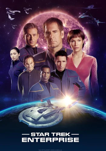 A promotional poster for the science fiction television series Star Trek: Enterprise. The image features the main cast members, including Captain Jonathan Archer (Scott Bakula), T'Pol (Jolene Blalock), Charles "Trip" Tucker III (Connor Trinneer), and others, standing in front of a large, glowing sun or nebula. Below them in the foreground is the USS Enterprise NX-01 starship, and the title "STAR TREK ENTERPRISE" is displayed at the bottom of the poster. 