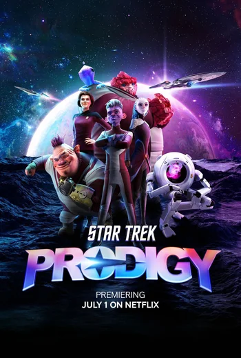 TV poster for Star Trek: Prodigy, can be described as follows: Description: A vibrant, high-resolution poster set against a backdrop of space and a large nebula/planet. A group of seven animated characters, the main cast of the show, are featured prominently in the foreground standing on a dark, rocky surface. Characters: The characters include Dal, a resourceful teen, Gwyn, a skilled linguist, Rok-Tahk, a strong Brikar, and Jankom Pog, a Tellarite. Two spaceships are visible in the background. Text: The title "STAR TREK PRODIGY" is displayed in large letters at the bottom, with the text "PREMIERING JULY 1 ON NETFLIX" below it.