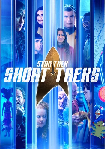 Description: A promotional poster for the anthology series Star Trek: Short Treks. Visuals: The image is a blue-hued collage featuring various characters from the series, including those portrayed by Anson Mount, Ethan Peck, Rebecca Romijn, Doug Jones, Michelle Yeoh, and Rainn Wilson, among others. Text: The title "STAR TREK SHORT TREKS" is displayed prominently across the center of the image, overlaid on a large gold Starfleet insignia.