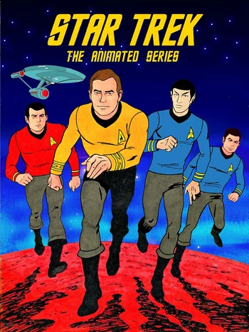 An illustrated poster for "Star Trek: The Animated Series" showing four main characters, including Captain Kirk and Mr. Spock, in uniform running across a red, rocky planet surface, with the USS Enterprise flying in the starry sky above them.