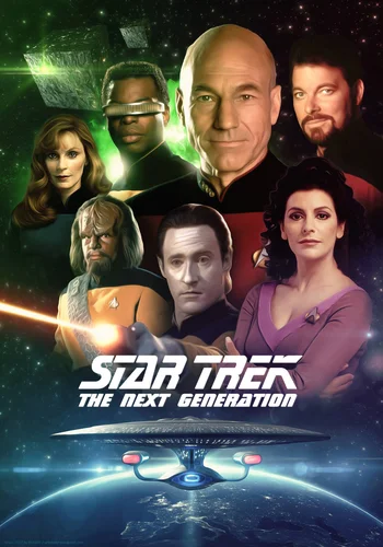 A promotional poster for the TV series Star Trek: The Next Generation, featuring a collage of main cast members including Captain Jean-Luc Picard, Commander William Riker, Data, Worf, Deanna Troi, Beverly Crusher, and others, with the USS Enterprise-D flying above a planet in the foreground.