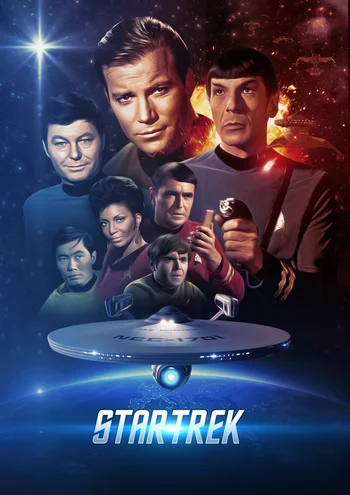 Content: A promotional poster for Star Trek: The Original Series. Visuals: The image features a collage of the main cast members: Captain James T. Kirk (William Shatner), Mr. Spock (Leonard Nimoy), Dr. Leonard "Bones" McCoy (DeForest Kelley), Lt. Uhura (Nichelle Nichols), Mr. Scott (James Doohan), Mr. Sulu (George Takei), and Ensign Chekov (Walter Koenig),. Background: The characters are set against a backdrop of space and the saucer section of the starship USS Enterprise NCC-1701 is prominently displayed at the bottom of the image. Text: The title "STAR TREK" is written in bold, blue letters at the very bottom of the image.