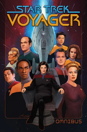 Cover art for the Star Trek: Voyager Omnibus graphic novel, featuring the main cast members with the USS Voyager in the background. Description Content: The image is the cover for the Star Trek: Voyager Omnibus. Characters: It displays key characters from the series, including Captain Kathryn Janeway, Chakotay, Tuvok, B'Elanna Torres, Tom Paris, Harry Kim, the Doctor (EMH), Neelix, and Seven of Nine. Background: The USS Voyager starship is prominently featured in the upper center, set against a backdrop of stars and nebula. Purpose: The omnibus collects four different Star Trek: Voyager stories in one volume. 