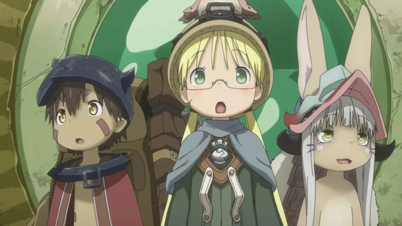 This image features the main characters Reg, Riko, and Nanachi from the anime series Made in Abyss. 