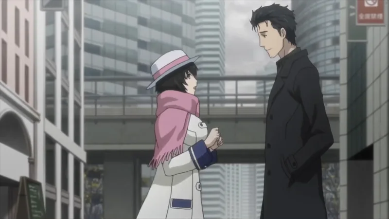 This scene is from the anime series Steins;Gate 0. The image features characters Rintaro Okabe and Mayuri Shiina.