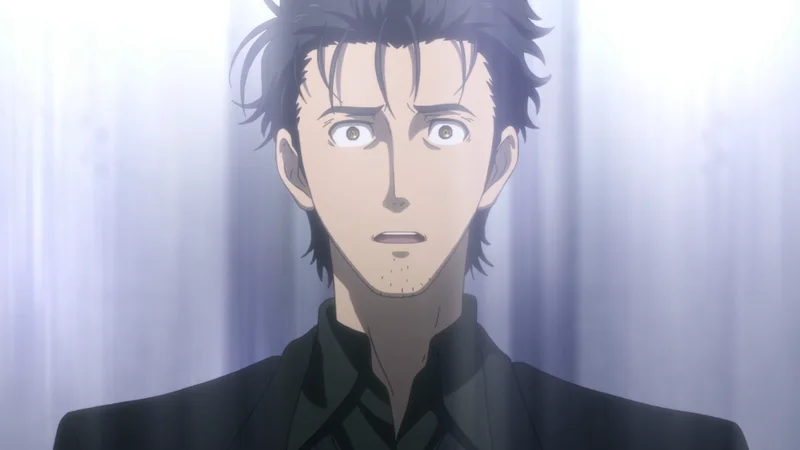 This image features the character Rintaro Okabe from the anime series Steins;Gate. He is shown in a scene from the special episode "Episode 23β: Open the Missing Link".
