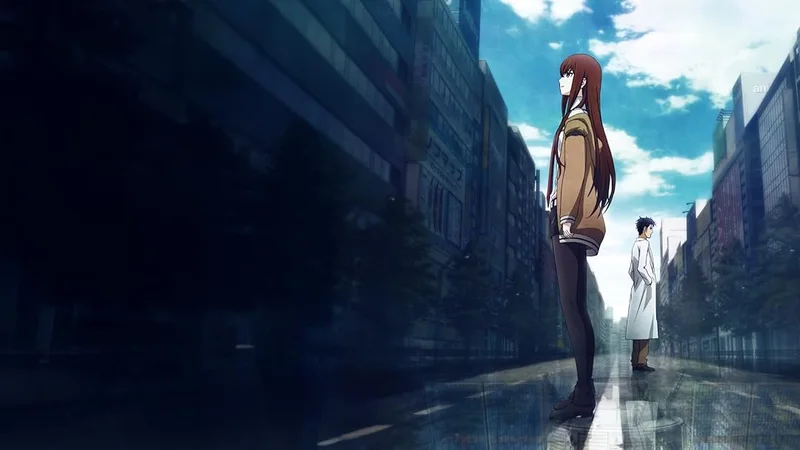 This image features the characters Kurisu Makise and Rintaro Okabe from the anime series Steins;Gate, specifically key art from the film Steins;Gate: The Movie − Load Region of Déjà Vu.