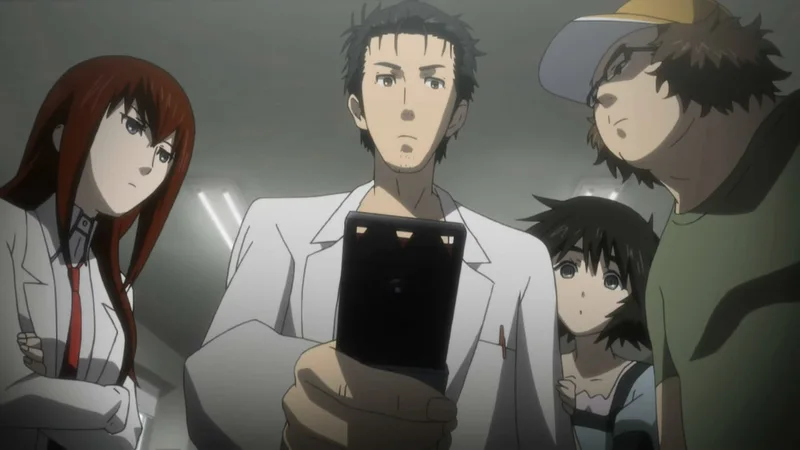 This image shows a scene from the anime series Steins;Gate. It features the main characters Rintaro Okabe, Kurisu Makise, Mayuri Shiina, and Itaru "Daru" Hashida. The characters are focused on a mobile phone, likely discussing the "D-Mail" (Nostalgia Drive) functionality used to send messages to the past.