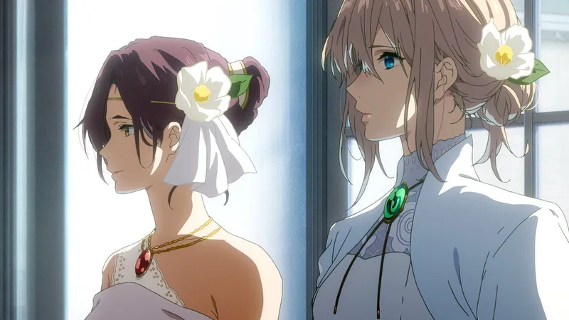 This image depicts a scene from the anime film Violet Evergarden: Eternity and the Auto Memory Doll (2019), featuring the characters Violet Evergarden and Isabella York. 