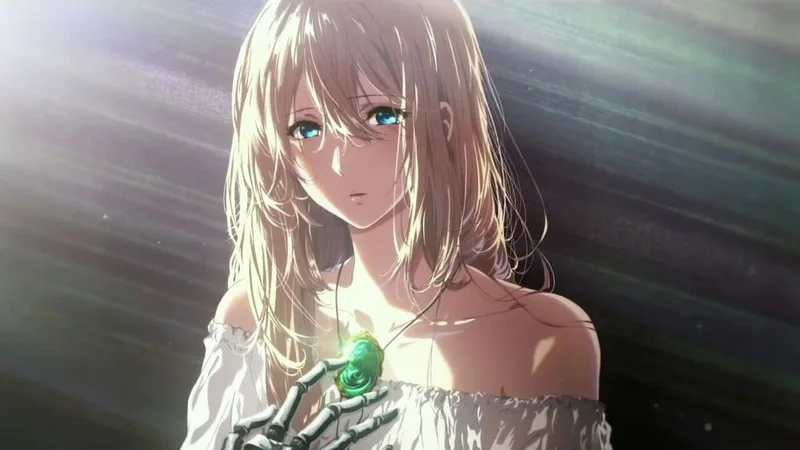 This image features Violet Evergarden, the main character from the anime series and film Violet Evergarden: The Movie. 