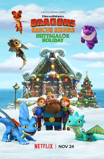 This poster advertises Dragons: Rescue Riders: Huttsgalor Holiday, a animated holiday special from the How to Train Your Dragon franchise.