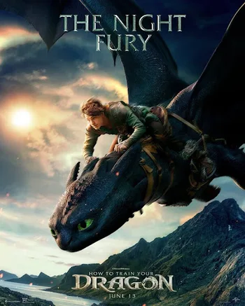 This is a character poster for the 2025 live-action remake of How to Train Your Dragon, featuring Hiccup riding Toothless.