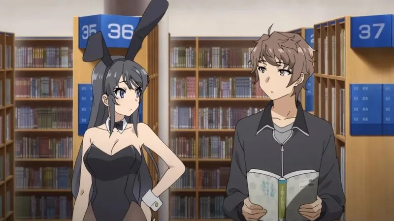 This scene is from the anime series Rascal Does Not Dream of Bunny Girl Senpai.The characters shown are Sakuta Azusagawa and Mai Sakurajima.
