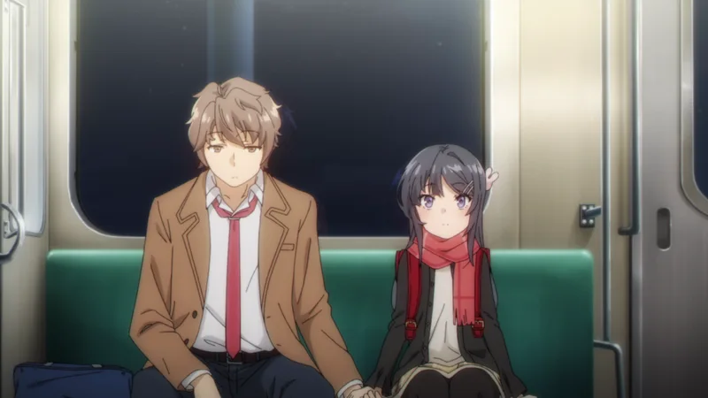 This scene features characters from the anime series Rascal Does Not Dream.The image is specifically from the 2023 film Rascal Does Not Dream of a Knapsack Kid.The characters shown are Sakuta Azusagawa and a young girl who resembles his girlfriend, Mai Sakurajima.
