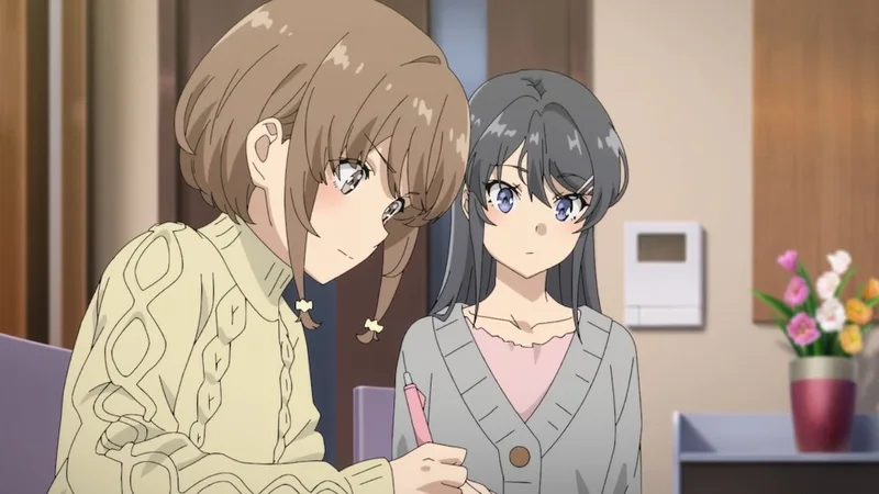 This scene is from the anime series Rascal Does Not Dream (also known by its Japanese title Seishun Buta Yarou), specifically from the film Rascal Does Not Dream of a Sister Venturing Out.The characters shown are Kaede Azusagawa (left, in the light-colored sweater) and Mai Sakurajima (right, in the grey cardigan).