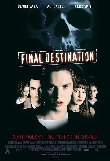 This image is the original theatrical poster for the 2000 horror film Final Destination.