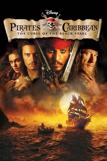 This is the theatrical poster for the 2003 Disney film Pirates of the Caribbean: The Curse of the Black Pearl.