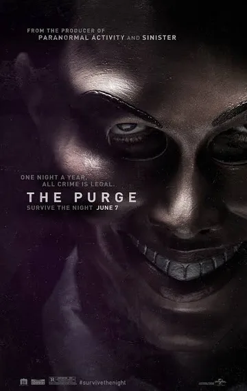 This is the official theatrical poster for the 2013 dystopian horror film The Purge, featuring a stylized, masked face.