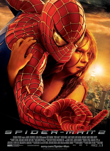 This is the official poster for the 2004 film Spider-Man 2, directed by Sam Raimi.The image features actors Tobey Maguire as Spider-Man and Kirsten Dunst as Mary Jane Watson.