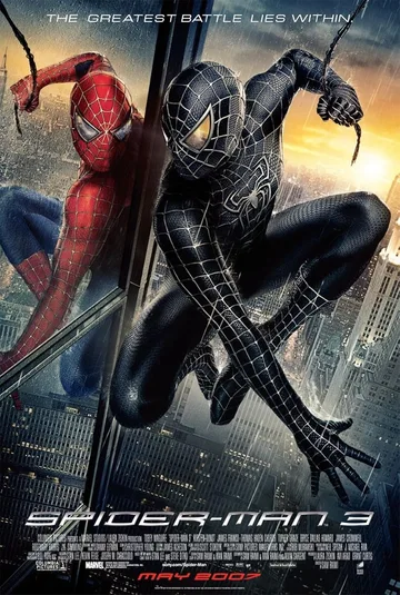 This is the official theatrical poster for Spider-Man 3, released in May 2007. The poster features Spider-Man in his classic red suit and his black suit (Venom) side-by-side on a skyscraper.