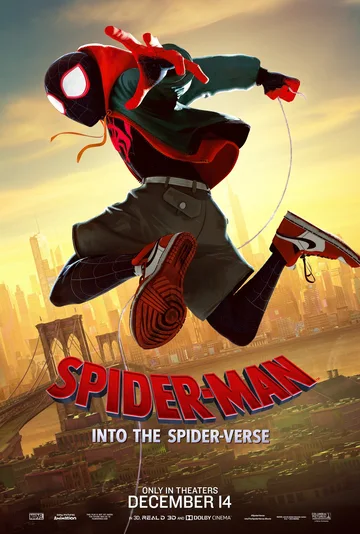 This is the original theatrical poster for the 2018 animated film Spider-Man: Into the Spider-Verse, produced by Sony Pictures Animation and Columbia Pictures.