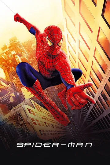This is the official movie poster for the 2002 film Spider-Man, directed by Sam Raimi.The poster features the character swinging high above a stylized, golden-toned New York City cityscape.It highlights the iconic raised silver webbing pattern of the suit designed specifically for this movie.