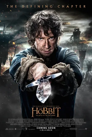 This movie poster features Martin Freeman as Bilbo Baggins holding the sword Sting in The Hobbit: The Battle of the Five Armies.