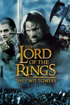 This image is the movie poster for the 2002 epic fantasy film The Lord of the Rings: The Two Towers.The poster features main characters Aragorn, Legolas, and Gimli ready for battle.It highlights the iconic battle at Helm's Deep, a central event in the film.