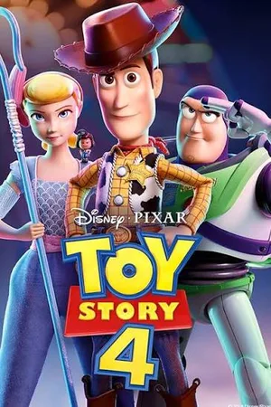 This movie poster features Woody, Buzz Lightyear, and Bo Peep from the 2019 film Toy Story 4.