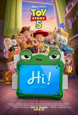 The image is a promotional poster for Toy Story 5 featuring various characters like Woody, Buzz Lightyear, and Jessie gathered behind a prominent green tablet device.