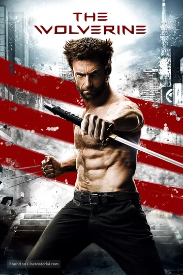 This is the official promotional movie poster for the 2013 Marvel film The Wolverine, featuring Hugh Jackman as the titular character.The poster highlights Logan in a shirtless pose, holding a Japanese katana sword while simultaneously displaying his iconic adamantium claws.The image utilizes a dramatic Japanese-inspired backdrop, incorporating elements that evoke the film's setting.