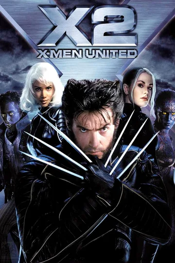 This is the theatrical poster for the 2003 film X2: X-Men United.The image features Hugh Jackman as Wolverine prominently in the center.Other characters depicted include Storm (Halle Berry), Rogue (Anna Paquin), and Mystique (Rebecca Romijn).